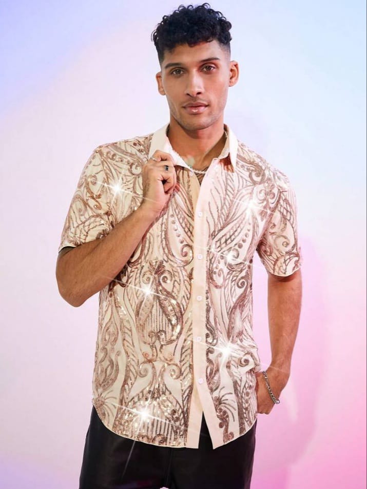 Uptown Funky Men's Elastic Mesh Sequins Embroidery Loose Short Sleeve Shirt